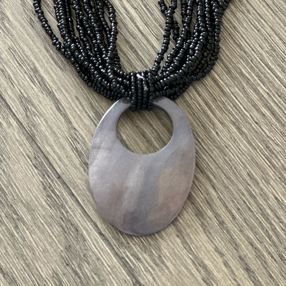 Black Beaded Necklace with Gray Stone Pendant